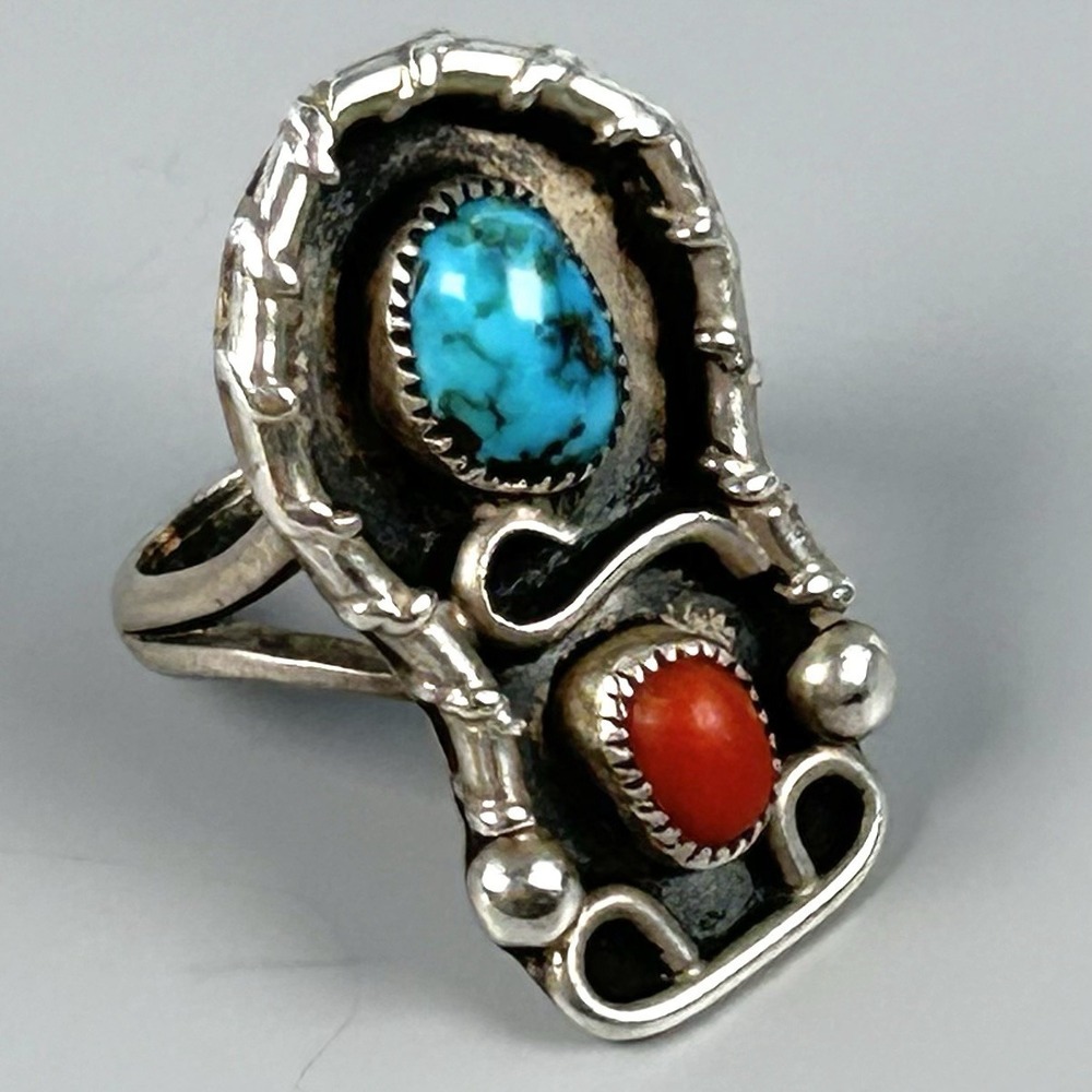Henry Baca Navajo Sterling Silver Turquoise Coral Ring Signed HB